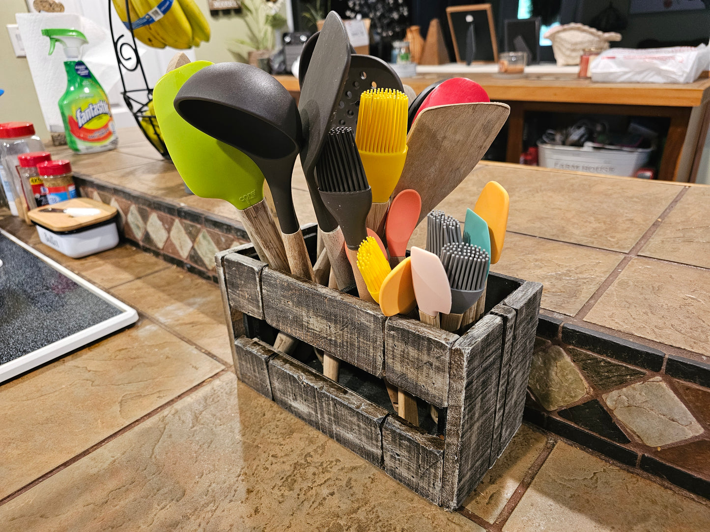 Rustic kitchen cooking utinsil holder